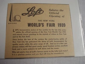 1939 Anzeige New York World's Fair Loft, Inc. Süßigkeiten - Bild 1 von 1