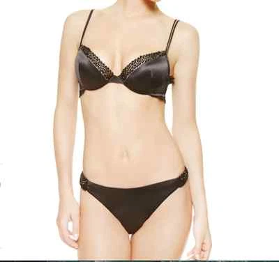 NWT La Perla Black Satin Glimmering Soutache 36C / L Bra Panty Set Beaded $832 - Image 1 of 4