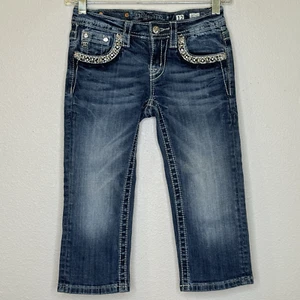 Miss Me Cuffed Capri Jeans Girls Sz 12 Medium Wash Back Flap Pockets Embellished - Picture 1 of 10