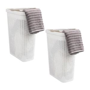40L Slim Laundry Hamper, Clothes Basket, Lid, Wicker Design, Plastic, 18"L x ... - Picture 1 of 7