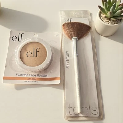 Elf LIGHT BEIGE 23176 Flawless Face Powder DISCONTINUED NEW + Fan Brush - Image 1 of 4