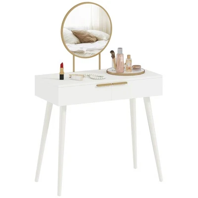 HOMCOM Modern Dressing Table w/ 2 Drawers Round Mirror for Bedroom White - Image 1 of 4