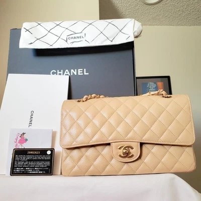 $11,300 CHANEL Double Flap Classic Medium Beige  caviar bag gold hw  - Image 1 of 4