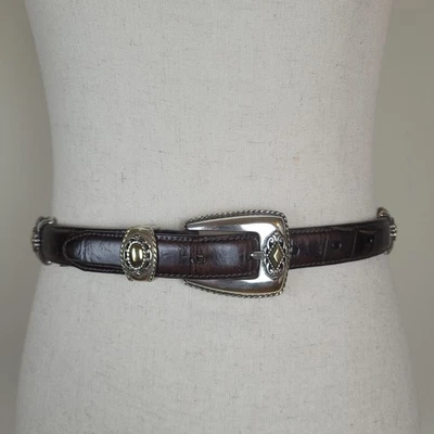 Cinturón Brighton Vintage Mujer Pequeño Cuero Marrón Western Concho Hebilla Plateada EE. UU. Foto 1 de 4