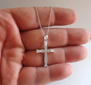 CROSS INSIDE A CROSS NECKLACE PENDANT W/  LAB DIAMONDS / 925 STERLING SILVER  - Picture 1 of 9