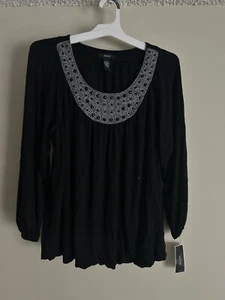 Alfani Women’s Blouse Embellished Beaded Neckline Black Top Size Large - Picture 1 of 7