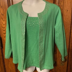 Vintage QUACKER FACTORY Emerald Green Beaded "Mock 2-pc Look" SWEATER, Size 3X - Picture 1 of 8