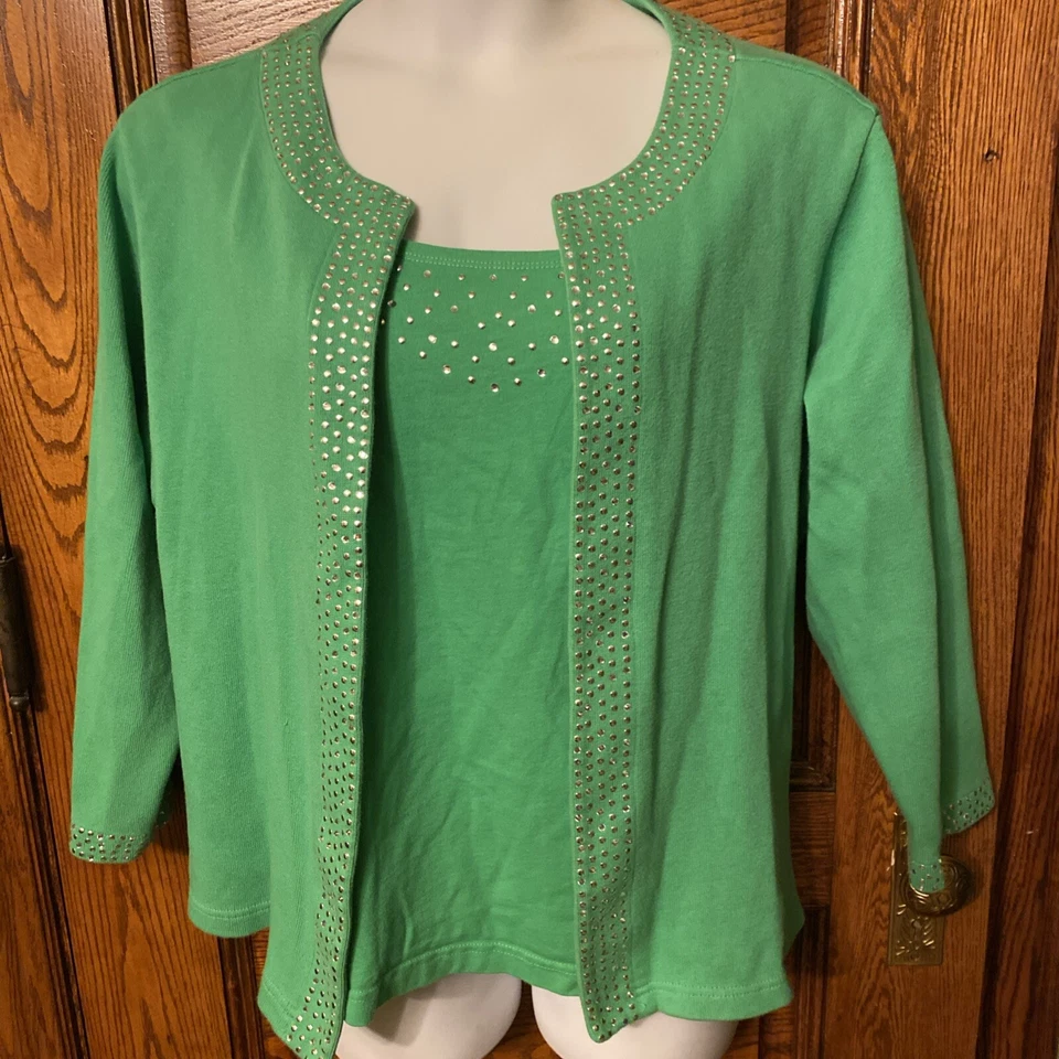 Vintage QUACKER FACTORY Emerald Green Beaded "Mock 2-pc Look" SWEATER, Size 3X - Image 1 of 4