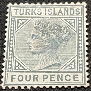 TURKS ISLAND POSTAGE STAMP SG57 4D GREY LIGHTLY MOUNTED MINT NO GUM - Picture 1 of 2