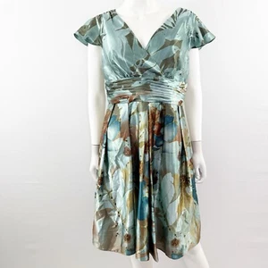 Coldwater Creek Blue Floral Satin Dress Size 14P Sequins Empire Waist A-Line - Picture 1 of 9