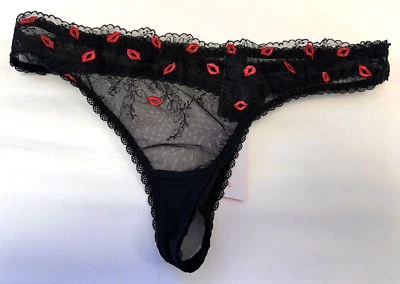NEW! M&S Boutique Marks & Spencer black mesh thong with red lip embroidery - Image 1 of 4