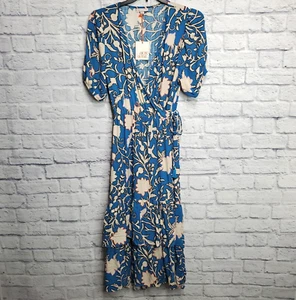 Knox Rose Dress Womens XL Wrap Midi Tiered Floral Blue Elastic Waist Boho New - Picture 1 of 7