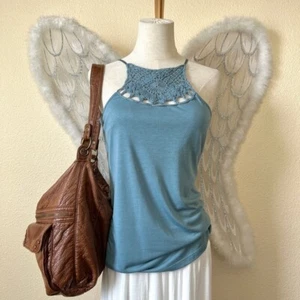 Y2K High Neck Tank Top Crochet Halter Coastal Mermaid Blue L Boho Beacky - Picture 1 of 8