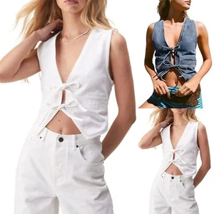 Women's Y2K Vintage Denim Tank Tops Front Bow Camisole Deep V Neck Sleeveless - Picture 1 of 10