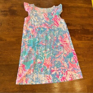 Lilly Pulitzer pink blue floral flutter sleeve tank dress size large 8-10 - Picture 1 of 3