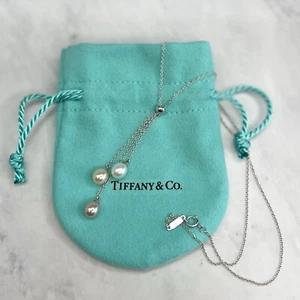 Tiffany & Co. 18K White Gold Tri-Color Triple Pearl Dangle Necklace - 16" - Picture 1 of 5