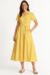 New Handmade Yellow Striped Maxi Dress L – Fit & Flare, Pockets, Belted OOAK - Picture 1 of 11