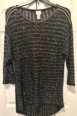 Suéter túnica negra para mujer Chico's Top plata cadena puntada y lentejuelas talla 1 o M Foto 1 de 4