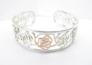 Clogau Gold Silver & 9ct Rose Gold Wide Royal Roses Cuff Bangle 7 1/4" - Picture 1 of 9
