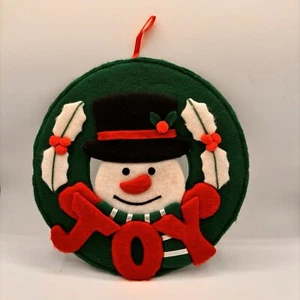 Vintage 11.5” Felt Christmas Joy Snowman Wreath Whimsical Banner Handmade Decor - Picture 1 of 7