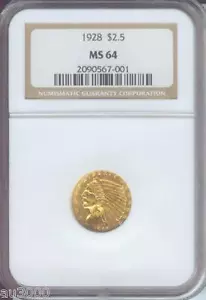 1928 $2.5 INDIAN GOLD NGC GRADED MS64 QUARTER EAGLE MS-64 Older Holder ! - Picture 1 of 2