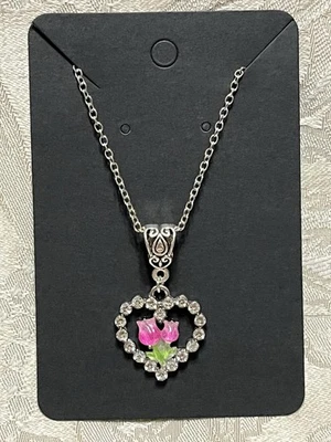 Collar de Plata Colgante Corazón Gema Flor Tulipán Rosa Profundo Bohemio Floral Novedad Foto 1 de 2