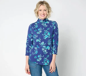 Isaac Mizrahi 3/4-Ärmel Oberteil mit Stehkragen und Raffung - marineblau Blumenmuster - Medium - A656069 - Bild 1 von 1