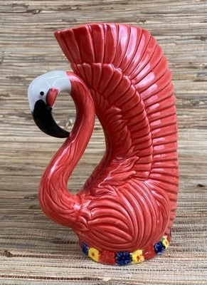 火烈鸟提基马克杯陶瓷杯 7 英寸高 16 液量盎司手绘新品 — 第 1/4 张图片