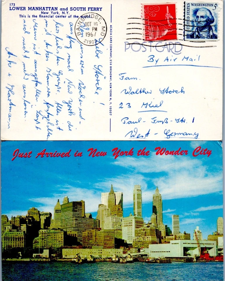 USA OLD POSTCARD 1967 BAIN BRIDGE LOWER MANHATTAN SOUTH FERRY   (A7/2) - Image 1 of 1
