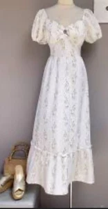 FLORAL IVORY LINED MAXI DRESS, LARGE, WITH EMPIRE WAIST and PUFF SLEEVES, EUC - Picture 1 of 12