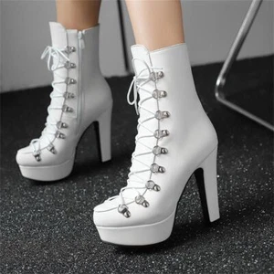 Gothic Womens Lace Up Platform High Stiletto Heels Mid Calf Punk Combat Boots - Picture 1 of 26