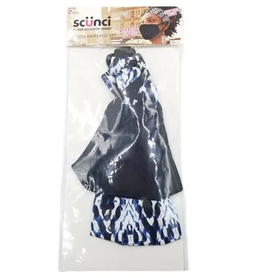 Conjunto de diadema con botones Scunci estampado abstracto azul y máscara negra 2 piezas, 34398 Foto 1 de 4