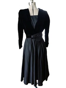 Vintage Black Velvet Satin Formal Dress Handmade Evening Gown 37" B 27" W - Picture 1 of 12