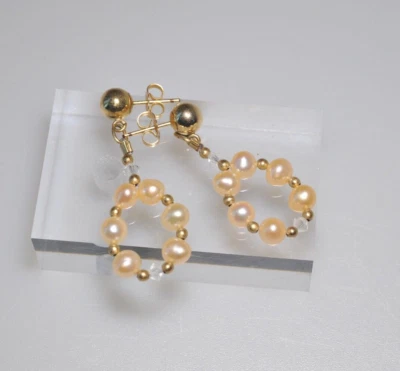 14K Yellow Gold Filled pearl crystal bead hoop Dangle Earrings post pierced XD15 - Image 1 of 4