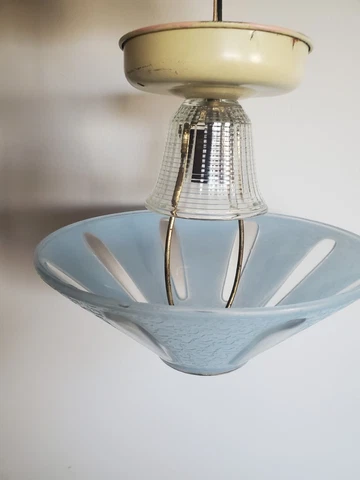 Antique Vtg Art Deco 30s Chandelier Light Fixture Blue Glass shade Glass Stem Cover
