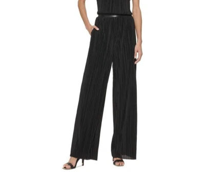 Pantalones para mujer DKNY plisados de tiro alto con ribete de cuero sintético cintura pierna ancha negros XL Foto 1 de 4