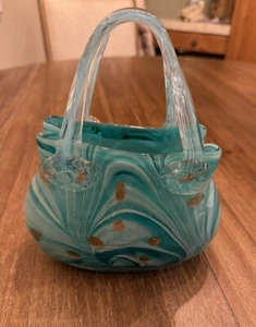 Marano Glass Decorative Art Purse.Hand Blown Bluish Green W/bronze 6” X 9” X 2” - Picture 1 of 11
