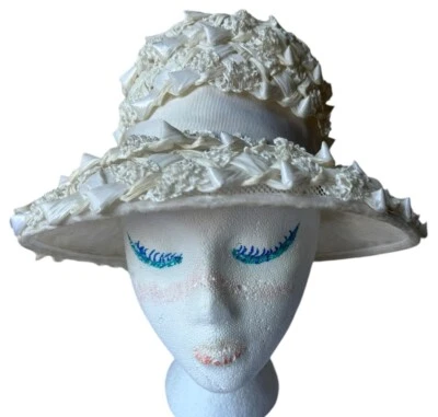 Sombrero de ala ancha vintage de mediados de siglo marfil rafia paja para mujer X-pequeño con cinta Foto 1 de 4