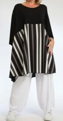PLUS SIZE BLACK/WHITE STRIPED JERSEY 2 POCKETS FLARED LONG TUNIC/TOP Size 30-34 - Image 1 of 4