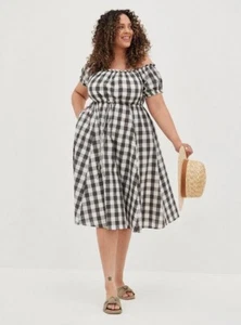 Torrid Off Shoulder Peasant Midi Dress Seersucker Gingham Check Gray White sz 2 - Picture 1 of 21