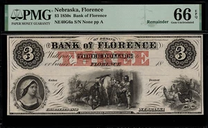 1850's $3 Obsolete - Florence, Nebraska - Bank of Florence - PMG 66 EPQ - Picture 1 of 2