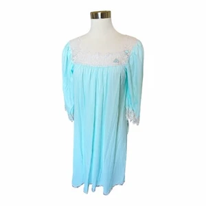 VTG LUCIE ANN Aqua Nightgown Blue Nylon Flower Appliqué Lace Sz S NWT - Picture 1 of 9
