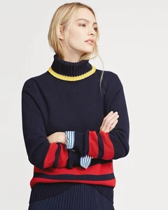 Ralph Lauren Women's Heavyweight Navy Turtleneck Sweater Red Yellow Stripes XS - Picture 1 of 7