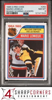 1985 O-PEE-CHEE #262 MARIO LEMIEUX RC ROOKIE SCORING LEADERS PSA 8 - Image 1 of 3