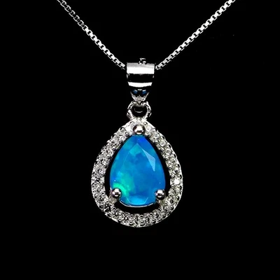 925 Argento Sterling Collana Pera Blu Opale 8x6mm Naturale Senza USA Import Fees - Immagine 1 di 4