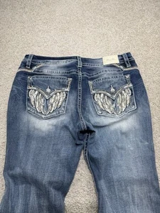 Pantalones de mezclilla Miss Me para mujer 38x32 bota curvilínea azul lavado elástico adornado alas - Imagen 1 de 11