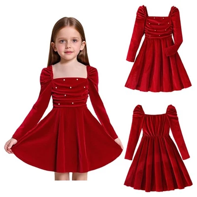 Niños Niñas Vestido Elegante Navidad Boda Terciopelo Dama de honor Niño Pequeño Juniors Foto 1 de 3