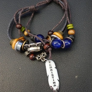 Pulsera Christina Personalizada Boho Cuero Pila Hippie Indie Nombre Cuentas Azules - Imagen 1 de 5