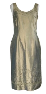 Kaliko Kleid Damen Größe 12 Gold 100 % Seide Perlen Blumenmuster Tankärmellos Reißverschluss - Bild 1 von 11