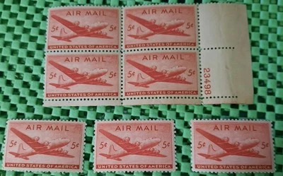 USPS C-32 VINTAGE AIRMAIL STAMPS Block of 4, 5 cent stamps +3 Singl  OGNH   1946 - Image 1 of 4